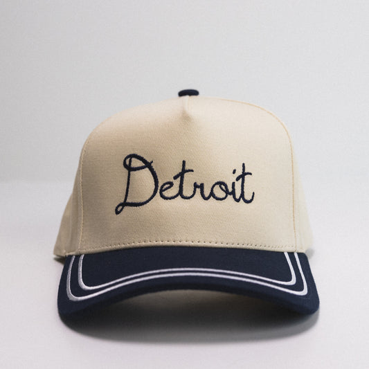 Detroit 5 Panel Hat - Navy/Cursive Font